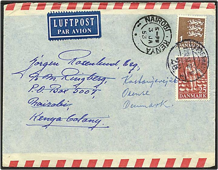 25 øre brunrød redningstjeneste samt 1 kr. brun rigsvåben på luftpost brev fra København d. 17.12.1952 til Nairobi, Kenya. Brev er returneret.
