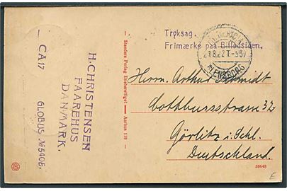 Brevkort sendt som tryksag fra Faarhus stemplet Fredericia - Flensborg T.937 d. 21.8.1922 til Görlitz, Tyskland. Frankeret med 5 øre Bølgelinie i 3-stribe på billedsiden annulleret med bureaustempel Fredericia - Flensborg sn5 T.922 d. 22.8.1922. Interessant med 2 forskellige bureaustempler. 