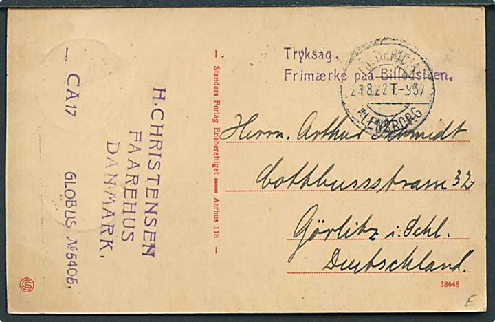 Brevkort sendt som tryksag fra Faarhus stemplet Fredericia - Flensborg T.937 d. 21.8.1922 til Görlitz, Tyskland. Frankeret med 5 øre Bølgelinie i 3-stribe på billedsiden annulleret med bureaustempel Fredericia - Flensborg sn5 T.922 d. 22.8.1922. Interessant med 2 forskellige bureaustempler. 