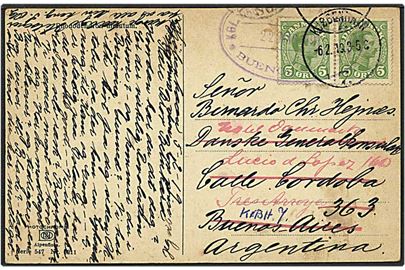 5 øre grøn Chr. X på postkort fra København d. 6.2.1919 til Buenos Aires, Argentina.