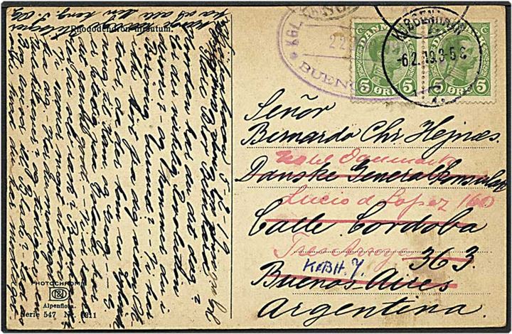 5 øre grøn Chr. X på postkort fra København d. 6.2.1919 til Buenos Aires, Argentina.