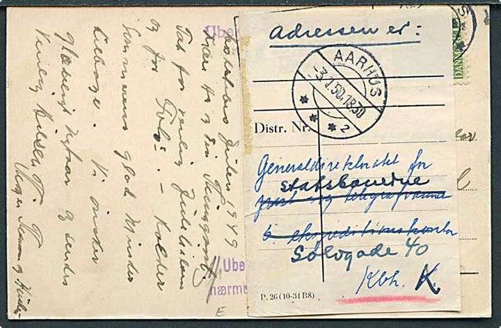 15 øre Fr. IX på brevkort fra Aarhus d. 27.12.1949 med utilstrækkelig adresse. Forespurgt flere steder med vignet P.26 (10-31 B8).