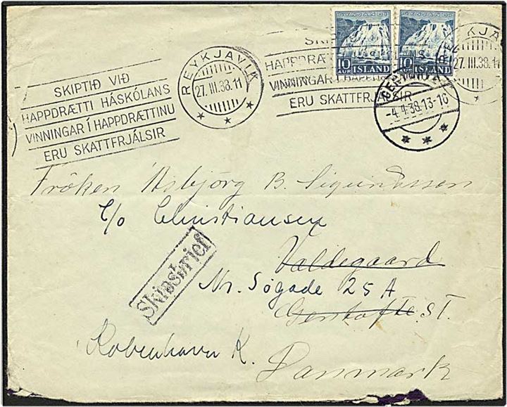 10 aur blå på skibsbrev fra Reykjavik, Island, d. 27.3.1938 til København. Skibsbrief rammestempel.