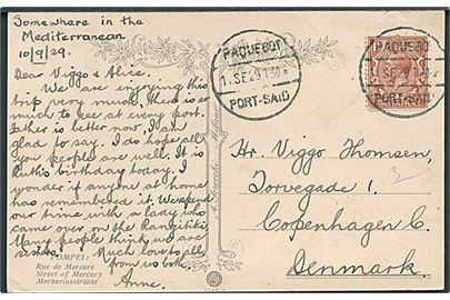 1½d George V på brevkort fra Pompei annulleret med egyptisk skibsstempel Paquebot Port-Said d. 11.9.1929 til København, Danmark.