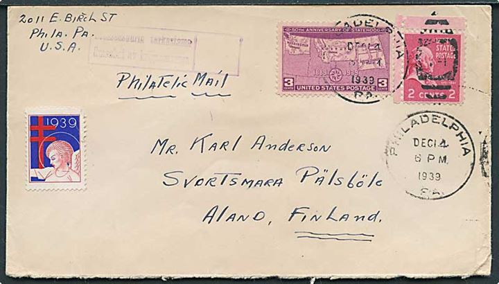 5 cents frankeret brev fra Philadelphia d. 14.12.1939 til Svortsmara, Pälsböle, Åland, Finland. Passér stemplet af den finske censur.
