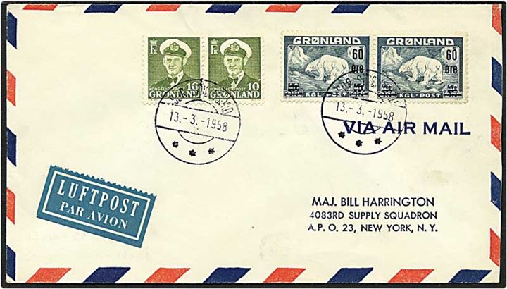 10 øre grøn Fr. IX samt 60/40 øre blå isbjørn på luftpost brev fra Sønder Strømfjord d. 13.3.1958 til New York, USA.