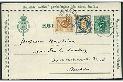 5 öre helsags korrespondancekort opfrankeret med 2 öre Ciffer og 3 öre Ringtype fra Upsala d. 23.12.1895 til Stockholm.