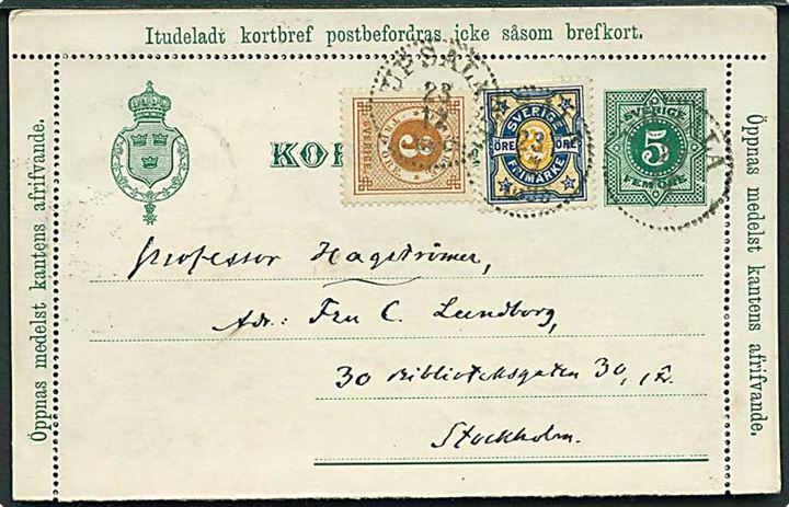 5 öre helsags korrespondancekort opfrankeret med 2 öre Ciffer og 3 öre Ringtype fra Upsala d. 23.12.1895 til Stockholm.