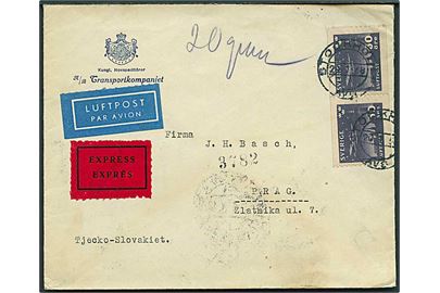 50 öre Luftpost i parstykke på luftpost ekspresbrev fra Stockholm d. 20.1.1938 til Prag, Tjekkoslovakiet.
