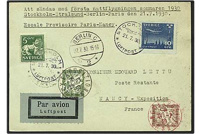 15 øre porto på luftpost kort fra Stockholm, Sverige, d. 21.7.1930 via Berlin, Tyskland, til Nancy, Frankrig. 30 centimes gebyrmærker for udlevering af kortet.
