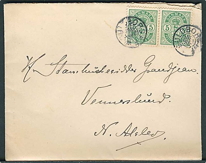 5 øre Våben i parstykke på brev med indhold dateret d. 29.12.1903 annulleret med stjernestempel GULDBORG P.F. til Vennerslund pr. N. Alslev.