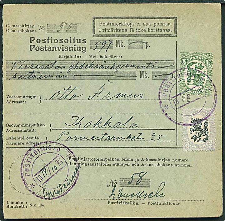 50 pen. og 3 mk. Løve på postanvisning annulleret med provisorisk gummistempel Postitoimisto d. 14.10.1928 til Kokkola.