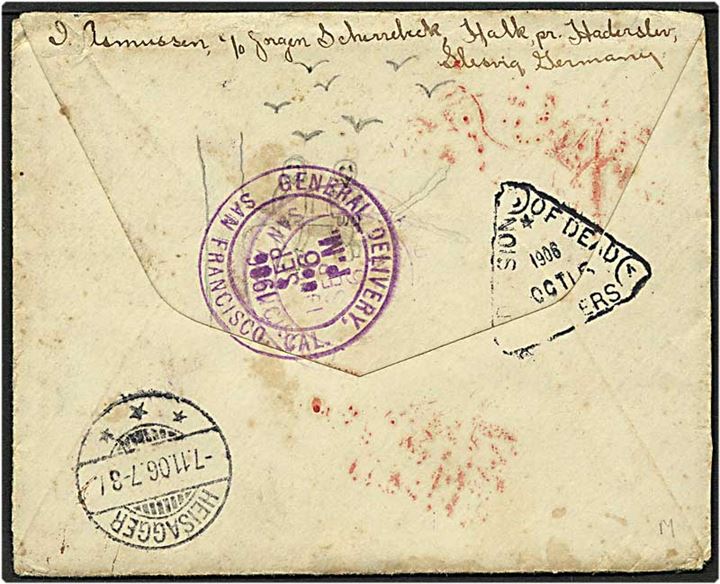 20 pfennig blå, mangler ved nederste højre hjørne, på brev fra Heisager / Hejsager d. 18.8.1906 til San Francisco, USA. Brevet sendt retur og sat i porto. Brevet medfølger.