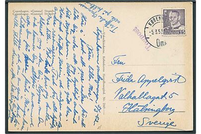 15 øre Fr. IX på brevkort stemplet København d. 5.3.1952 og sidestemplet Togpost til Hälsingborg, Sverige.