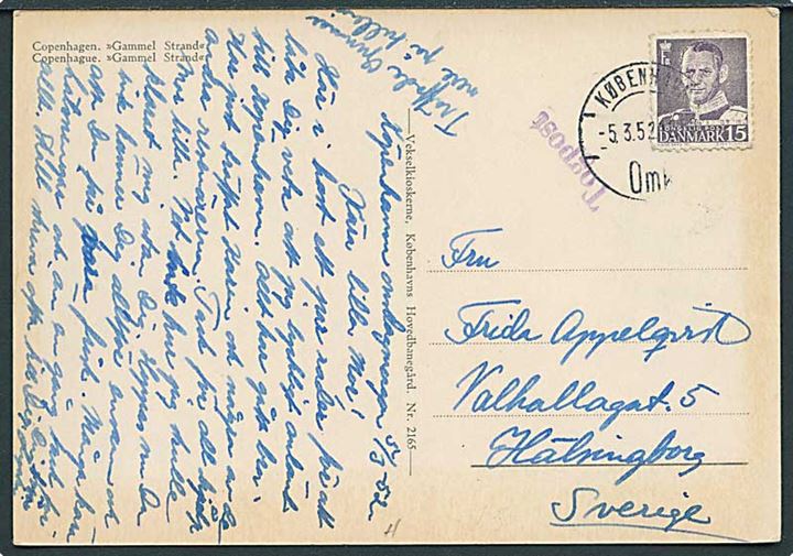 15 øre Fr. IX på brevkort stemplet København d. 5.3.1952 og sidestemplet Togpost til Hälsingborg, Sverige.