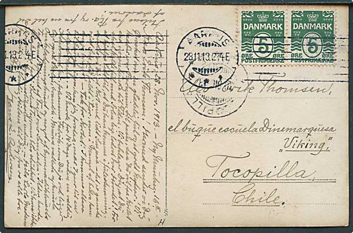 5 øre Bølgelinie i parstykke på brevkort fra Aarhus d. 28.11.1913 til elev ombord på skoleskibet Viking i Tocopilla, Chile, Sydamerika.
