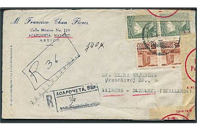 110 c. frankeret anbefalet brev fra Acaponeta 1951 til Aalborg, Danmark. Beskadiget og lukket med pergamyn etiket A.61 (8-47) Lukket af Postvæsnet.