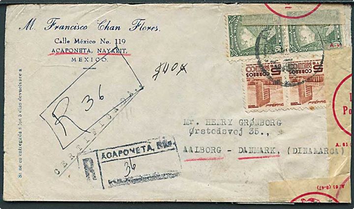110 c. frankeret anbefalet brev fra Acaponeta 1951 til Aalborg, Danmark. Beskadiget og lukket med pergamyn etiket A.61 (8-47) Lukket af Postvæsnet.