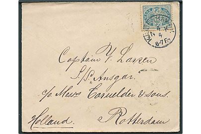 20 øre Våben på brev fra Kjøbenhavn d. 4.4.1898 til captain Larsen, S/S Ansgar i Rotterdam, Holland.