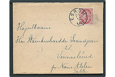 10 øre Våben på brev annulleret med lapidar Esrom d. 24.12.1902 til Vennersludn pr. Nr. Alslev.