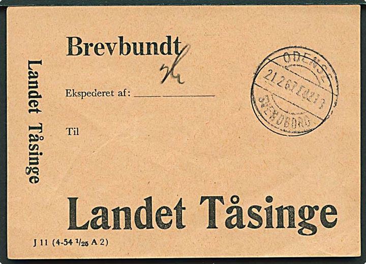 Brevbundt vignet J11 (4-54 1/25 A2) med bureaustempel Odense - Svendborg T.218 d. 21.2.1967 til Landet Tåsinge.