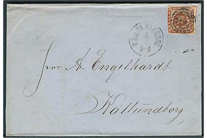 4 sk. 1858 udg. på brev annulleret med nr.stempel 2 og sidestemplet lapidar K.D.O.P.A. Hamburg d. 5.6.1863 til Kalundborg.