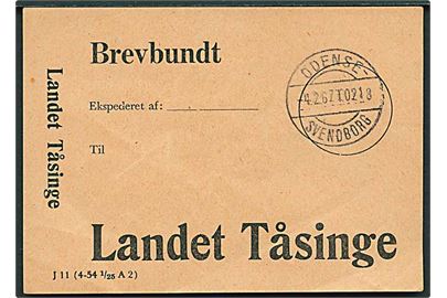 Brevbundt vignet J11 (4-54 1/25 A2) med bureaustempel Odense - Svendborg T.218 d. 4.2.1967 til Landet Tåsinge.