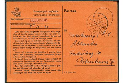 Forespørgsel angående uanbringelig forsendelse P8 (5-60 A6) stemplet fra Helsinge d. 1.10.1960 til København.