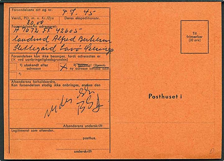 Forespørgsel angående uanbringelig forsendelse P8 (5-60 A6) stemplet fra Helsinge d. 1.10.1960 til København.