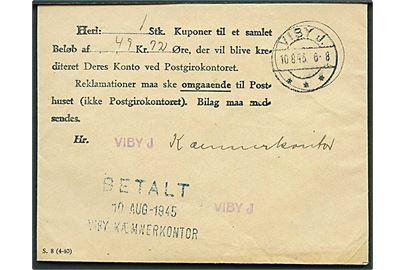 Kuvert til Girokupon S.8 (4-40) stemplet Viby J. d. 10.8.1945.