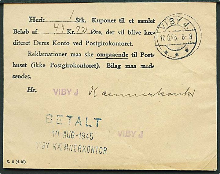 Kuvert til Girokupon S.8 (4-40) stemplet Viby J. d. 10.8.1945.