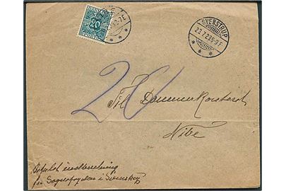 Ufrankeret brev påskrevet Befalet indberetning fra Svendstrup d. 23.7.1923 til Nibe. Udtakseret i porto med 20 øre Portomærke stemplet Nibe d. 24.7.1923.