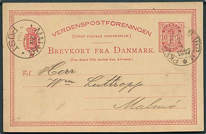 10 øre Våben helsagsbrevkort fra København annulleret med svensk bureaustempel PKXP No. 2B UTR. U. d. 2.4.1887 til Malmö, Sverige.
