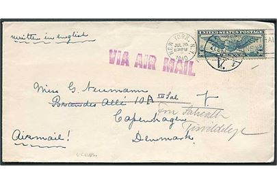 30 cents Winged Globe på luftpostbrev fra New York d. 26.7.1940 til København, Danmark - eftersendt til Tidsvildeleje. Uden censur.