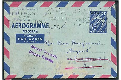 65 øre helsags aerogram fra Oslo d. 2.12.1958 til sømand ombord på M/S Bayard via rederiet Fred. Olsen i Oslo - eftersendt til Dieppe, Frankrig.