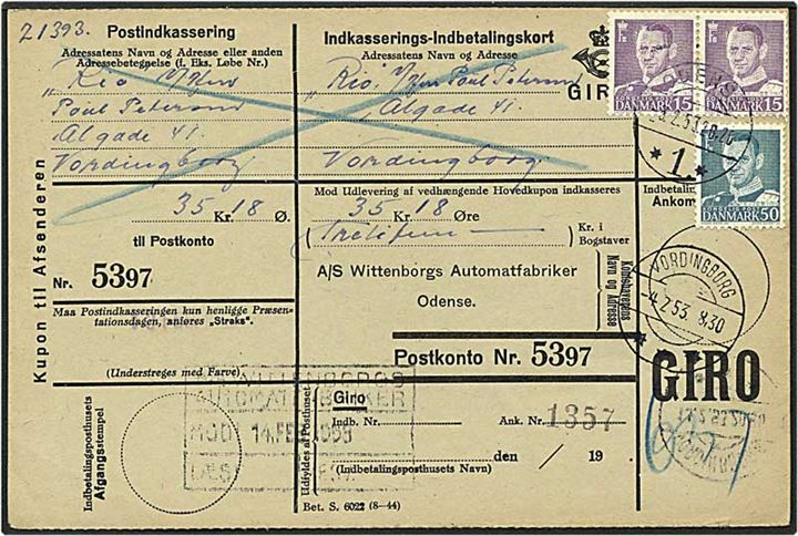 15 øre lysviolet og 50 øre blågrøn Fr. IX på indbetalingskort fra Odense d. 3.2.1953 til Vordingborg.