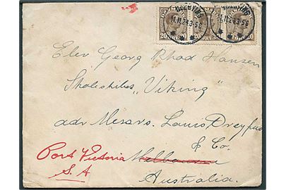 20 øre Chr. X i 3-stribe på brev annulleret med brotype IIIb Hjerting d. 11.11.1924 til skoleskibet Viking i Melbourne, Australien - eftersendt til Port Victoria