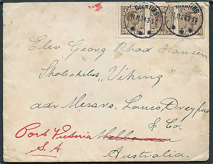 20 øre Chr. X i 3-stribe på brev annulleret med brotype IIIb Hjerting d. 11.11.1924 til skoleskibet Viking i Melbourne, Australien - eftersendt til Port Victoria