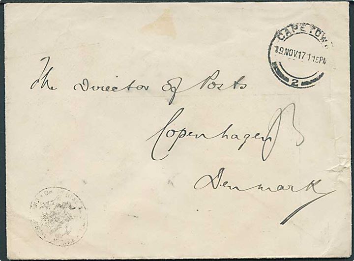 Ufrankeret postsag fra Cape Town d. 19.11.1917 til det danske postvæsen i København, Danmark.