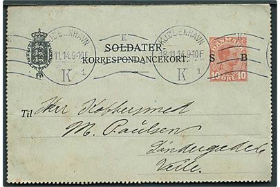 10 øre Soldater-korrespondancekort fra Kjøbenhavn d. 18.11.1914 til Vejle. Fra soldat stationeret på Saltholm Flakfort pr. Kastellet, København Ø.