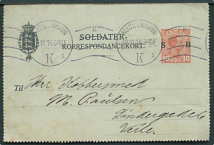 10 øre Soldater-korrespondancekort fra Kjøbenhavn d. 18.11.1914 til Vejle. Fra soldat stationeret på Saltholm Flakfort pr. Kastellet, København Ø.