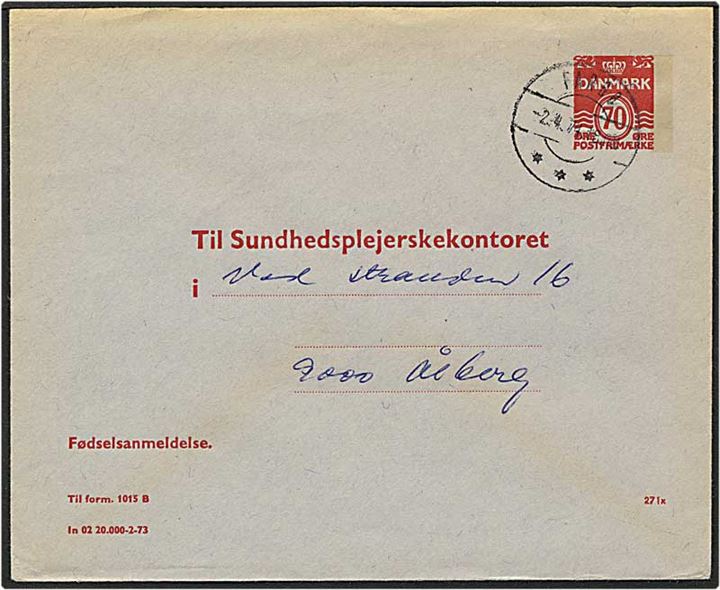 70 øre rød bølgelinie helsagskonvollut fra Farsø d. 2.4.1974 til Ålborg.