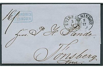 1864. Ufrankeret brev fra Helsingør d. 2.12.1864 via Svinesund d. 5.12.1864 til Tønsberg, Norge.