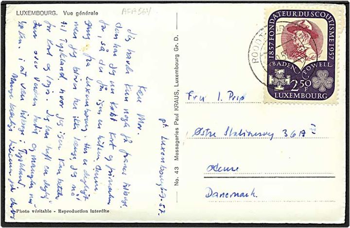 2,50 frank Baden Powell på postkort fra Luxembourg d.9.9.1957 til Odense.