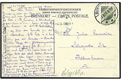 5 øre grøn Fr. VIII helsagsklip på postkort fra Rungsted d. 13.8.1908 til København.