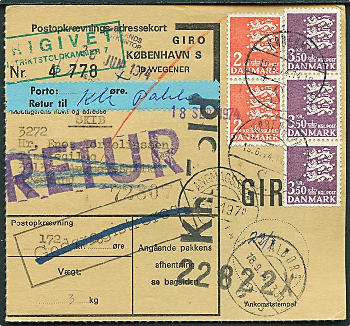 2 kr. (2) og 3,50 kr. (3) Rigsvåben på Postopkrævnings-Adressekort fra København d. 19.6.1974 til Angmagssalik, Grønland. Retur med mange stempler.