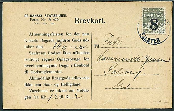 8/3 øre Provisorium på De Danske Statsbaner adviskort sendt lokalt i Nykjøbing Falster d. 18.12.1922. På bagsiden ovalt jernbanestempel: Nykjøbing F. * Godsekspeditionen * d. 18.10.1922.