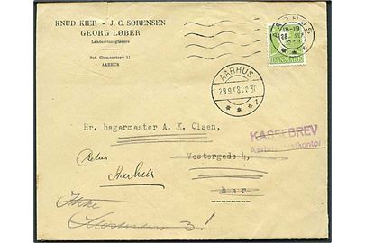 15 øre Chr. X på lokalbrev i Aarhus d. 28.9.1948. Stemplet Kassebrev Aarhus Postkontor og retur da modtager er bortrejst.