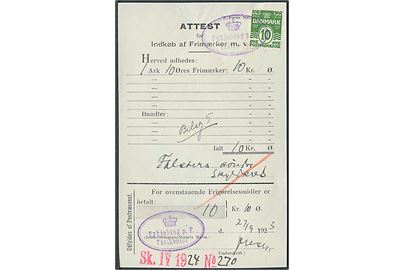 Attest for Indkøb af Frigørelsesmidler dateret d. 27.9.1923 annulleret med ovalt stempel: (krone)/Nykjøbing p. F. Postkontor.
