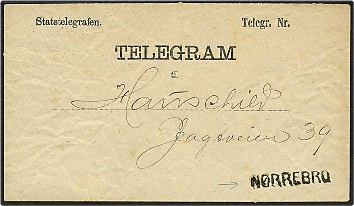 Telegram fra statstelegrafen på Nørrebro. Nørrebro liniestempel.
